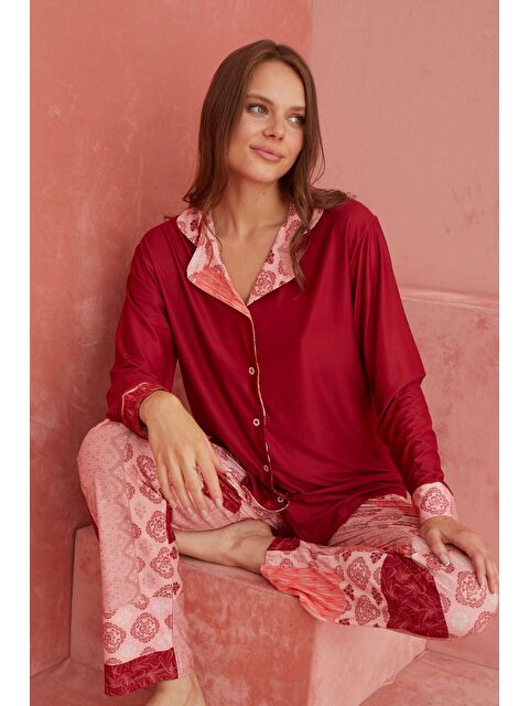 Elitol Bordo Batik Desenli Önden Düğmeli Uzun Kollu Örme Pijama Takımı 1182-2 - S000266148-20046