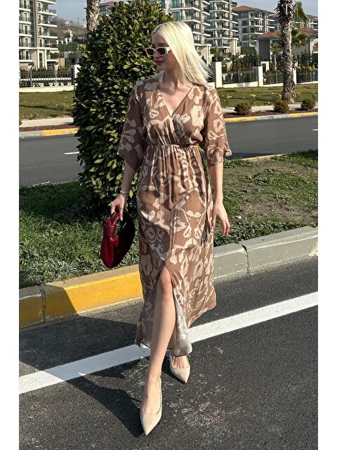 Madmext Kahverengi Desenli Yırtmaç Detaylı Uzun Elbise Mg2322 - S000440008-19413