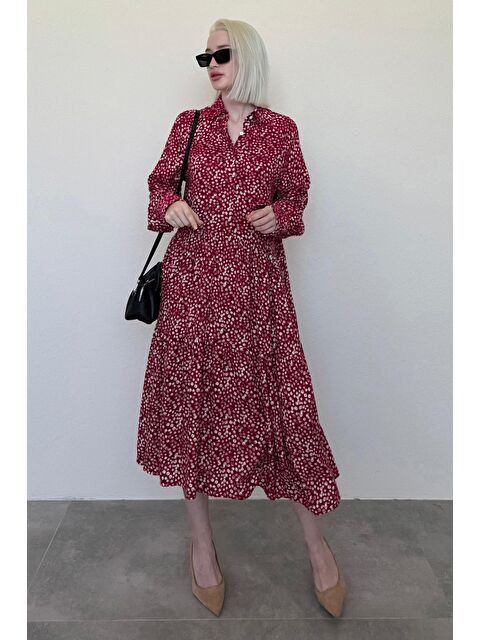 Madmext Bordo Uzun Kollu Düğmeli Desenli Elbise Mg2431 - S000384912-19951