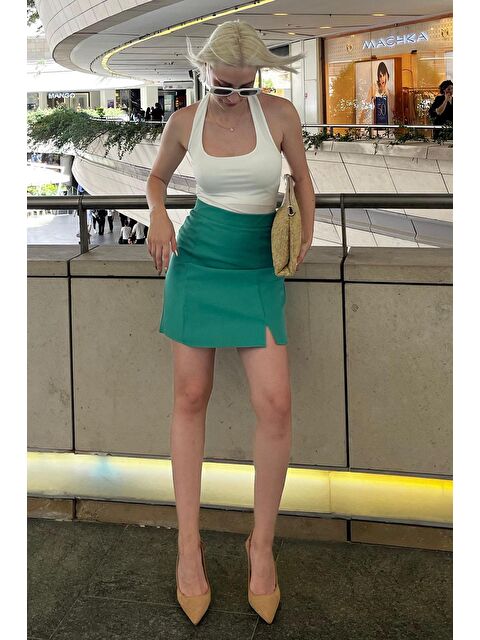 Madmext Yeşil Yüksek Bel Önden Yırtmaçlı Kısa Etek Mg2086 - S000216115-18194