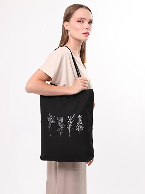 Bagg 4 Dallı Çiçek Baskılı Siyah Kanvas Çanta - S000149199-19351