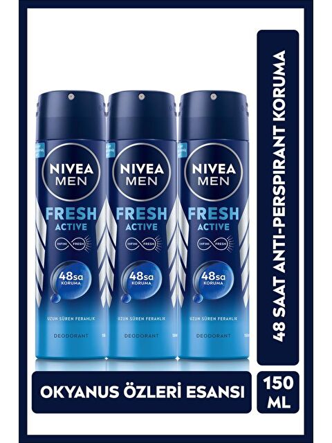 NIVEA Men Erkek Sprey Deodorant Fresh Active 150 ml, X3 Adet, 48 Saat Koruma, Uzun Süren Ferahlık - S000113312-26865