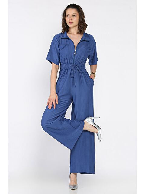 Gülseli Yarım Fermuarlı Bel Lastikli Kısa Kol Tulum - S000399316-23093