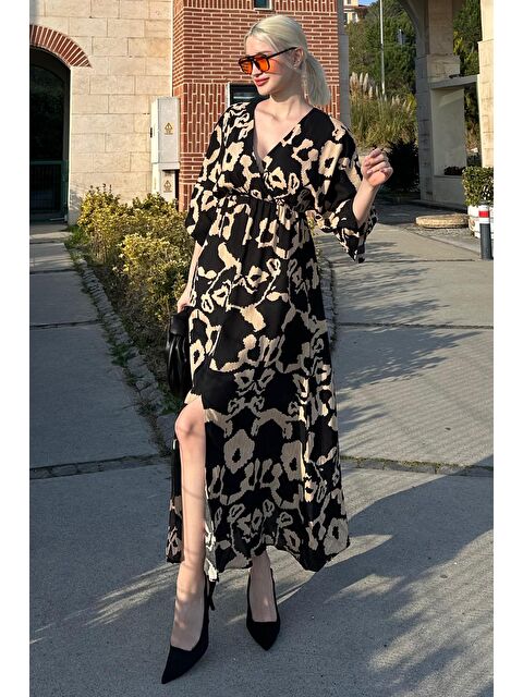 Madmext Siyah Desenli Yırtmaç Detaylı Uzun Elbise Mg2322 - S000440008-19351