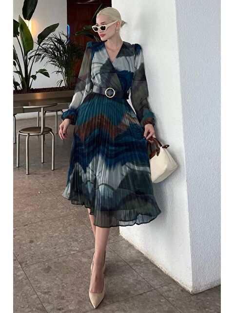 Madmext Mavi V Yaka Beli Lastikli Desenli Şifon Elbise Mg2225 - S000440007-17234