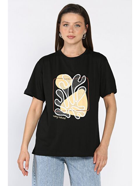 Gülseli Kadın Taşlı Baskılı Bisiklet Yaka Tişört - S000399290-19351