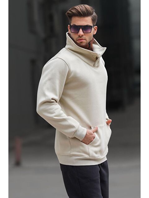 Madmext Triko Yaka Düğmeli Bej %100 Pamuk Sweatshirt 4411 - S000062895-19928