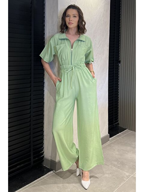 Gülseli Yarım Fermuarlı Bel Lastikli Kısa Kol Tulum - S000399316-18194