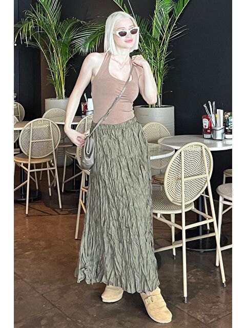 Madmext Yeşil Beli Lastikli Buruşuk Mikro Uzun Kadın Etek Mg2155 - S000216633-18194