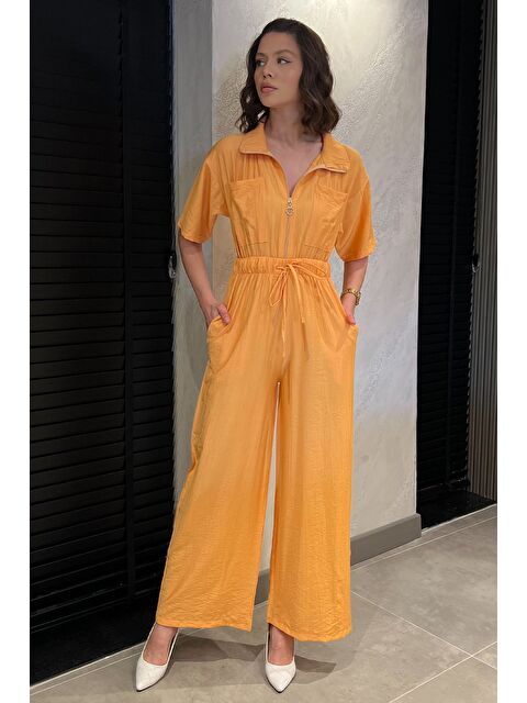 Gülseli Yarım Fermuarlı Bel Lastikli Kısa Kol Tulum - S000399316-7379