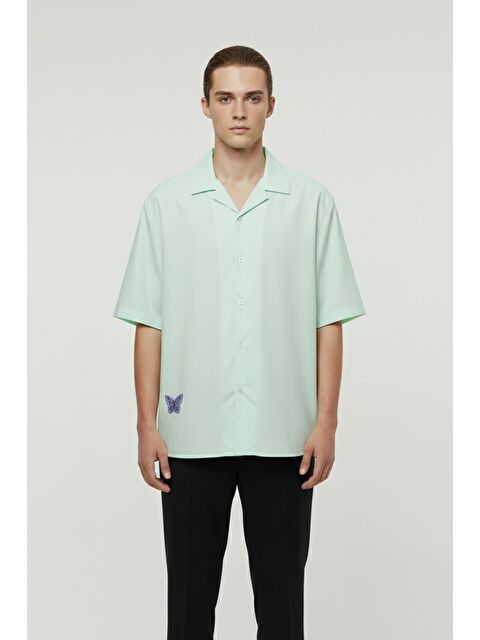 Sabri Özel Giotelli Mint Oversize %100 Lyocell Apaş Yaka Kısa Kol Erkek Gömlek - S000524970-1180