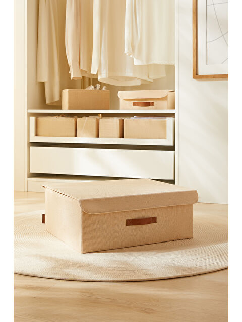 Ocean Home Textile Jüt Keten Kumaş Kapaklı Kutu 48 x 40 x 19 cm - S000305249-19928