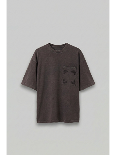 Abluka Online Erkek Oversize Premium Cep Nakışlı T-Shirt Kahverengi - S000513508-19413