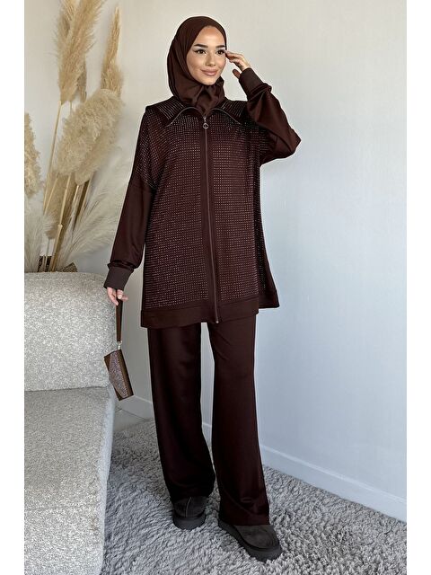 Julude Ön Boydan Fermuarlı Taş İşlemeli Tunik Bel Lastikli Pantolon Tesettür İkili Takım - S000491588-19413