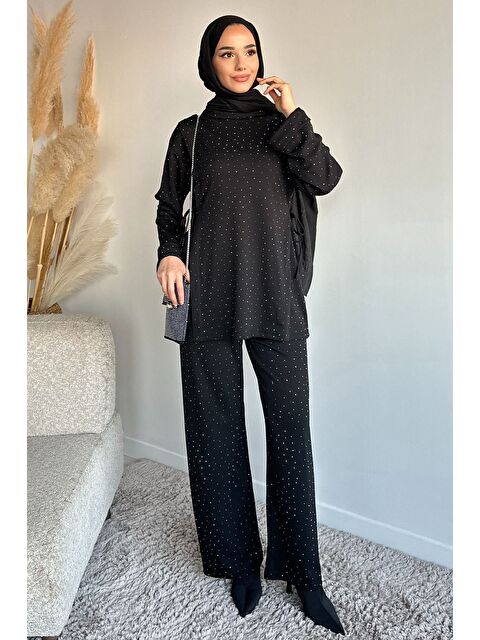 Julude Bisiklet Yaka Yan Bağlamalı Taşlı Tesettür Tunik Bel Lastikli Pantolon İkili Takım - S000491589-19351