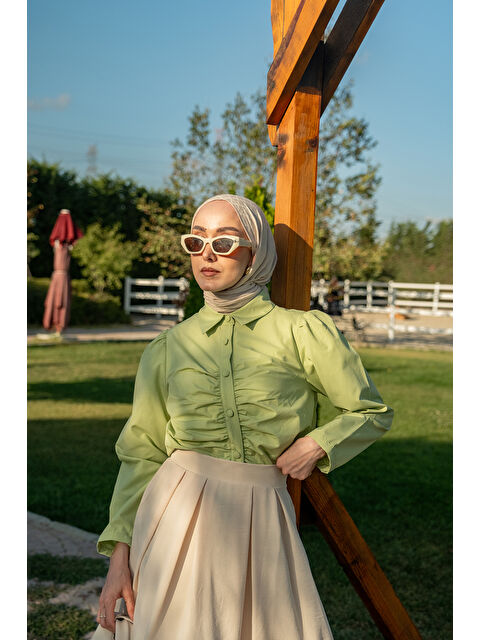 Locco Moda Kadın Büzgü Detay Poplin Gömlek Yeşil - S000449003-18194