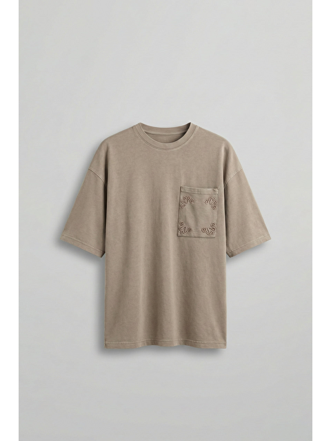 Abluka Online Erkek Oversize Premium Cep Nakışlı T-Shirt Bej - S000513508-19928