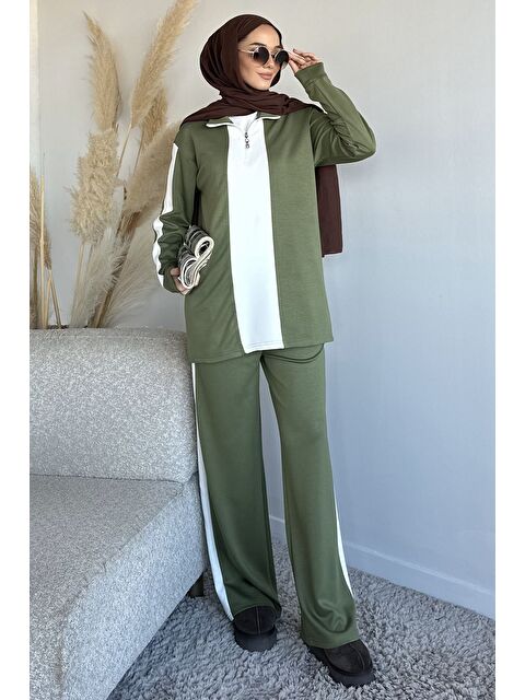 Julude Tesettür Yarım Fermuarlı Renk Garnili Tunik Pantolon İkili Takım - S000491590-18547