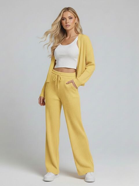 Trendseninle Kadın Sarı Fitilli Örme Yelek Pantolon Takım - S000503842-20072