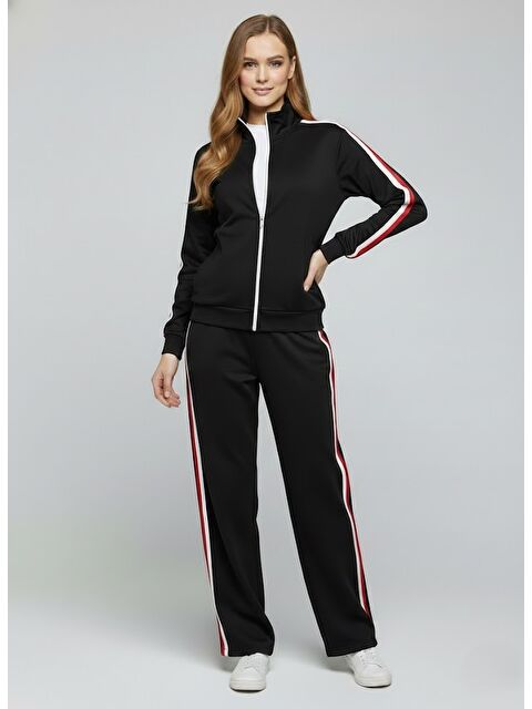 carla10 Modal Kumaş Tam Fermuarlı Şeritli Eşofman Takımı Siyah - S000503844-19351