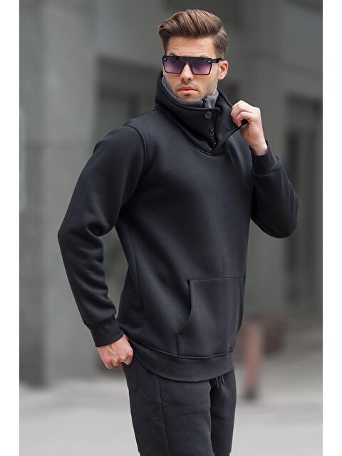 Madmext Triko Yaka Düğmeli Siyah Sweatshirt 4411