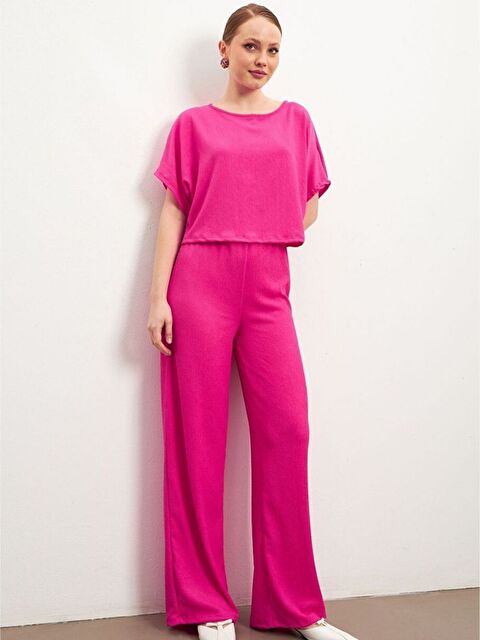 Trendseninle Kadın Fuşya Kısa Kollu Pantolonlu Krinkıl Takım - S000503846-18686