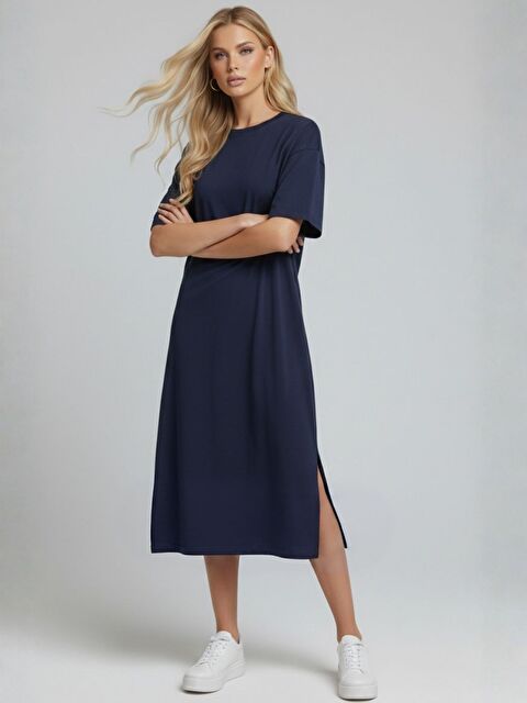 Trendseninle Kadın Lacivert %100 Pamuklu Yırtmaçlı Midi Boy Basic Elbise - S000503845-21164