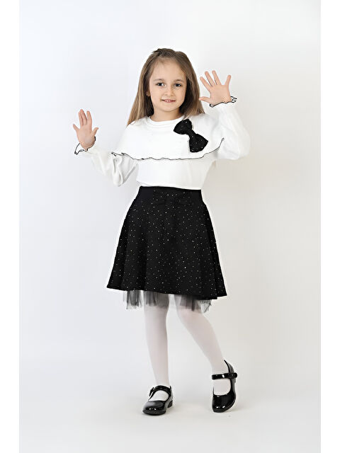 Modanino Kız Çocuk 2'li Elbise Taş Süslemeli Etek+Şal Yakalı ve Fiyonklu Bluz 4-9 Yaş 12505 - S000506155-19351