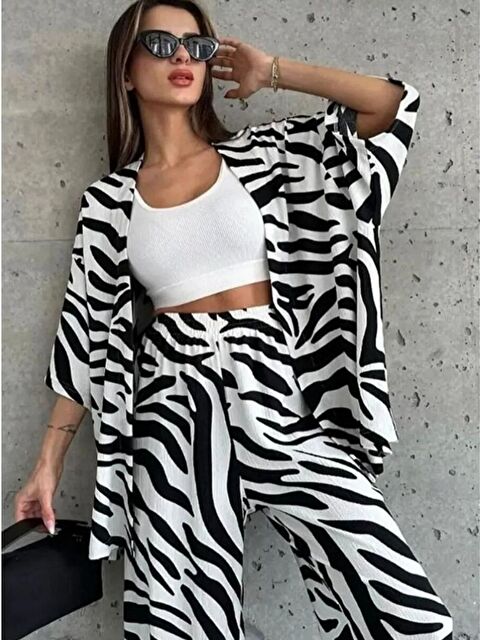 Trendseninle Kadın Rahat Kesim Kimono Siyah Beyaz Alt Uzun Üst Gömlek Yazlık Takım - S000503847-37424