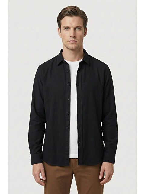 Sabri Özel Siyah Regular Fit Pamuklu Uzun Kollu Düz Polo Yaka Erkek Gömlek - S000524983-19351