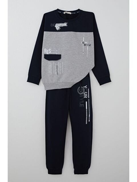 Breeze Erkek Çocuk Eşofman Takımı Cep Kapak Detaylı Yazı Baskılı Açık Gri Melanj (7-12 Yaş) - S000501805-74