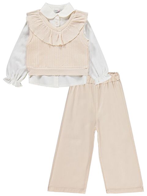 Kumru Civil Girls V Yaka Süeter Pantolon 3 Lü 2-5 Yaş Takım - Bej 2-3 Yaş - S000512788-19928