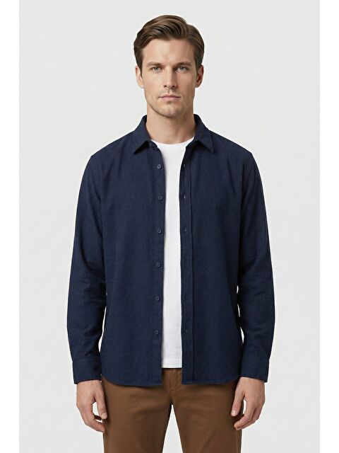 Sabri Özel Lacivert Regular Fit Pamuklu Uzun Kollu Düz Polo Yaka Erkek Gömlek - S000524987-21164