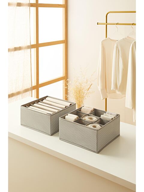 Ocean Home Textile 2'li Bölmeli Gri Balıksırtı Çekmece İçi Düzenleyici Kutu Set - S000238550-20600