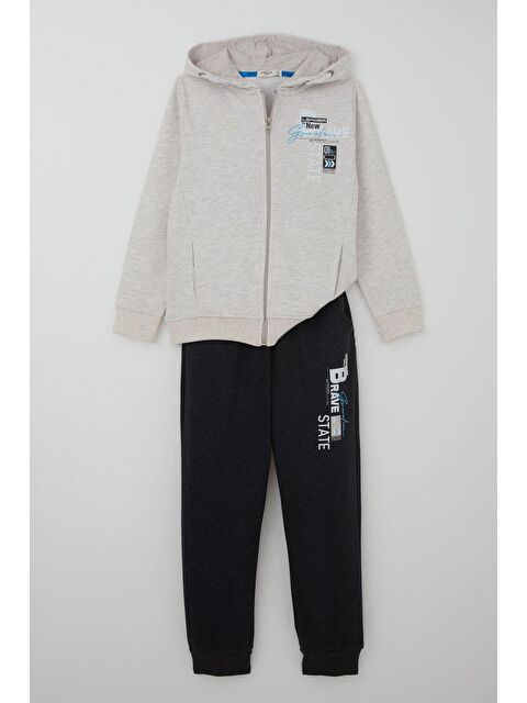 Breeze Erkek Çocuk Eşofman Takımı Kapüşonlu Fermuarlı Bağcık Aksesuarlı Bej Melanj (8-14 Yaş) - S000506157-19928