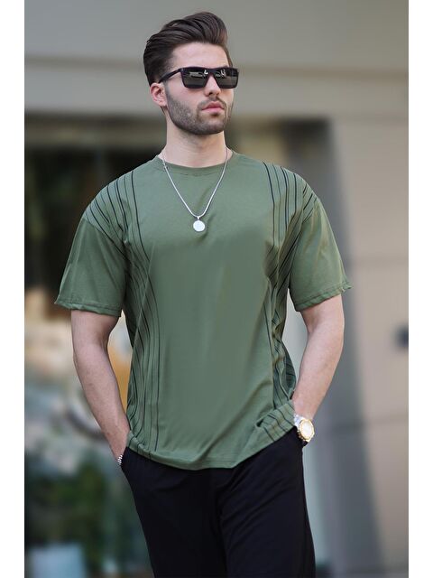 Madmext Haki Bisiklet Yaka Pamuklu Gri Renk Detaylı Overfit %100 Pamuk Tişört 7038 - S000219809-18547