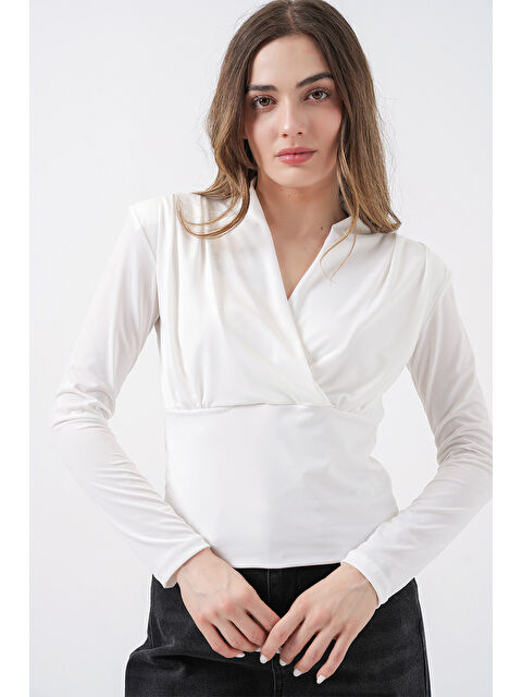Bigdart Kadın Omuz Vatkalı Kruvaze Yaka Bluz 942 - Beyaz - S000503848-20063
