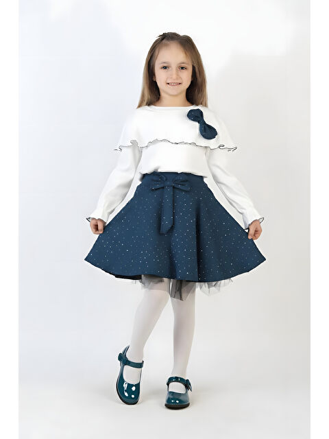 Modanino Kız Çocuk 2'li Elbise Taş Süslemeli Etek+Şal Yakalı ve Fiyonklu Bluz 4-9 Yaş 12505 - S000506155-23093