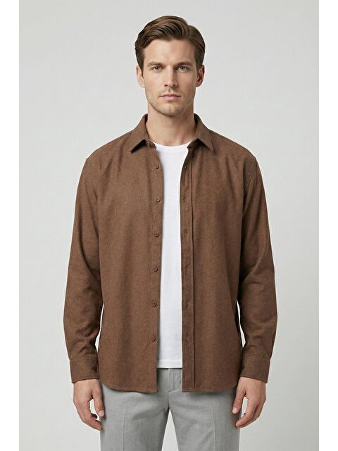 Sabri Özel Kahve Regular Fit Pamuklu Uzun Kollu Düz Polo Yaka Erkek Gömlek - S000524990-19413