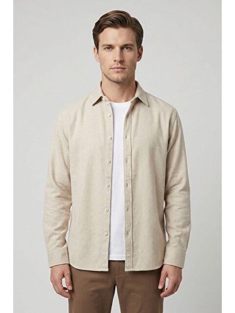 Sabri Özel Bej Regular Fit Pamuklu Uzun Kollu Düz Polo Yaka Erkek Gömlek - S000524994-19928