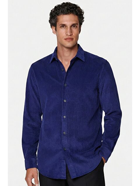 Sabri Özel Lacivert Comfort Fit Pamuklu Fitilli Kadife Uzun Kollu Polo Yaka Erkek Gömlek - S000524997-21164