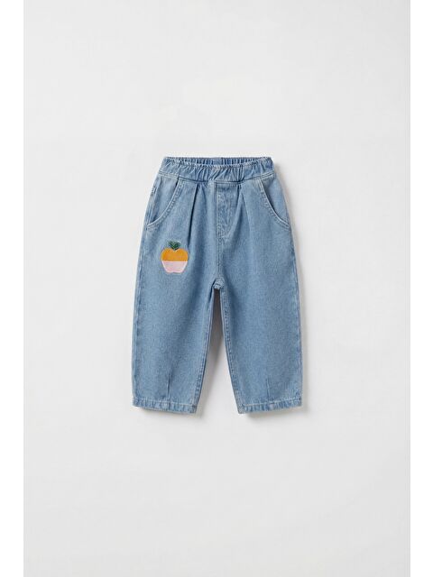 Magu Kız Çocuk Pamuklu Açık Mavi Jean Pantolon - Meyve Nakış Detaylı