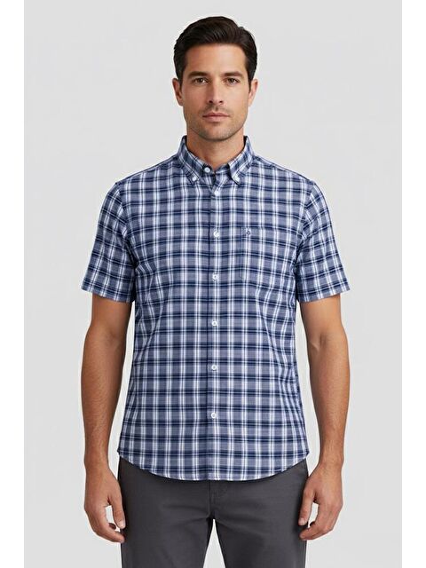 Sabri Özel Kısa Kollu Ekose Desenli Pamuk Gömlek Lacivert - S000524998-21164