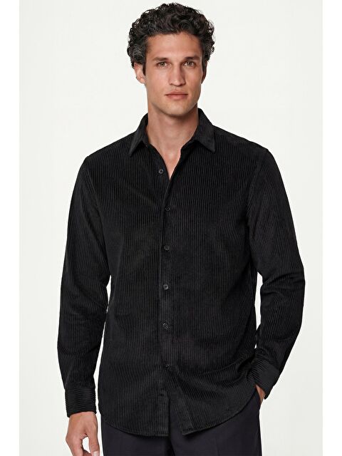 Sabri Özel Siyah Comfort Fit Pamuklu Fitilli Kadife Uzun Kollu Polo Yaka Erkek Gömlek
