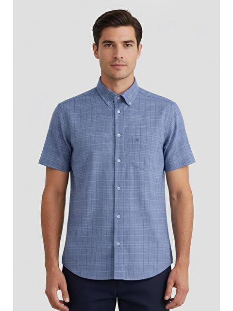 Sabri Özel Erkek Lacivert Kısa Kollu Ekose Desenli Pamuk Gömlek – Düğmeli Yaka, Regular Fit - S000525002-21164