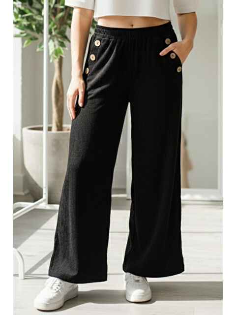 Chiccy İtalyan Siyah Cepli Lastikli Bel Geniş Paça İnce Fitilli Kadife Dokuma Pantolon 100 62 - S000486457-19351