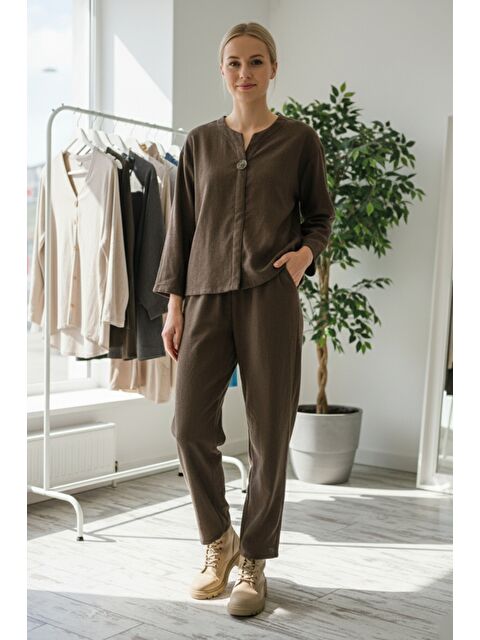 Chiccy İtalyan Kahverengi Uzun Kol Lastikli Bel İnce Fitilli Kadife Dokuma Alt Üst Takım 67/64 103/58 - S000486555-19413