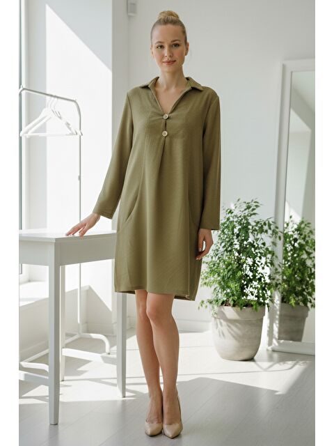 Chiccy İtalyan Hardal Rengi Gömlek Yaka Uzun Kol Düğmeli Cepli İnce Fitilli Kadife Dokuma Elbise 100 55 - S000486556-20074