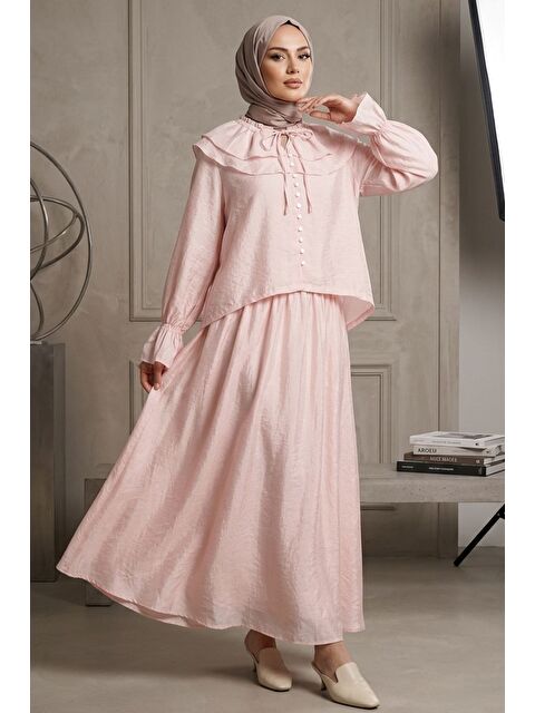 Julude Yaka Bağcıklı Astarlı Bluz Etek Tesettür İkili Takım