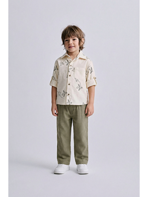 Magu Erkek Çocuk Pamuklu Krem Uçak Desenli Gömlek Ve Haki Pantolon Takım - S000501986-23173